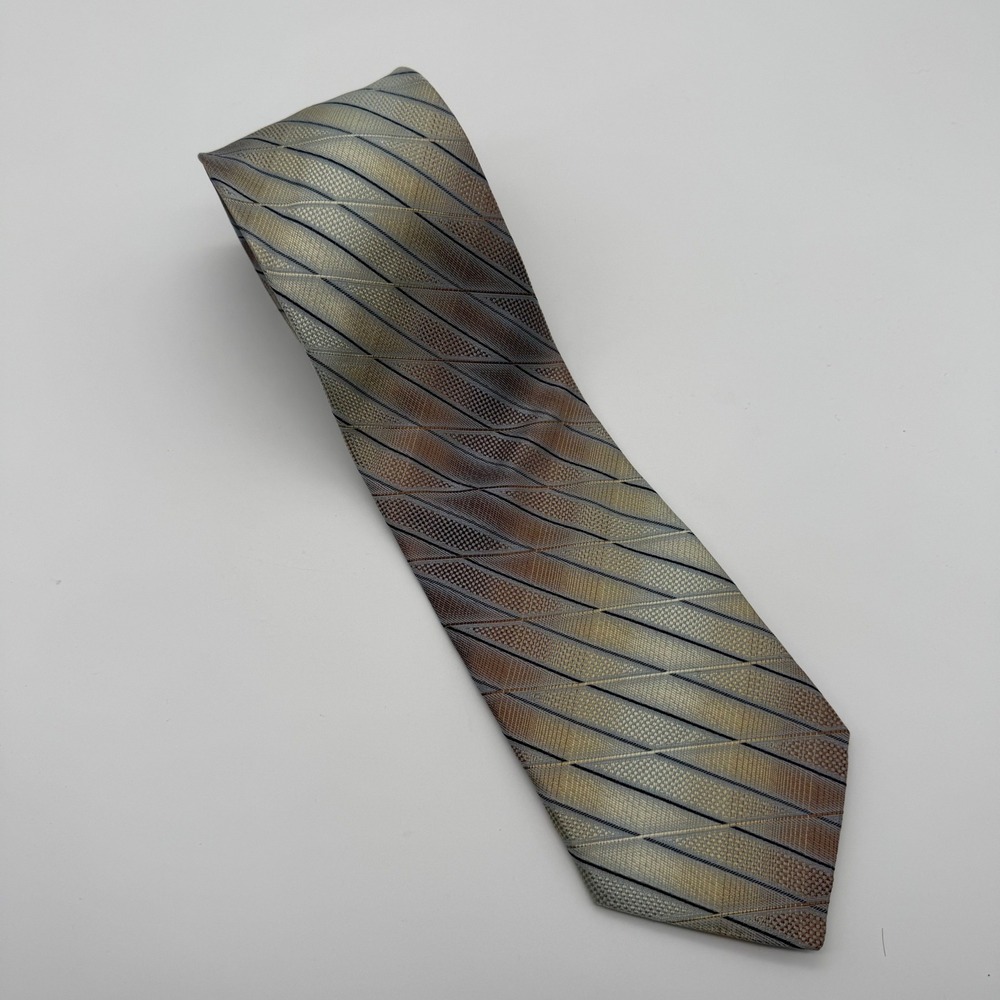 Roberto Villini Necktie Mens 59x3.75 Gold Bronze Silver Silk Geometric Couture